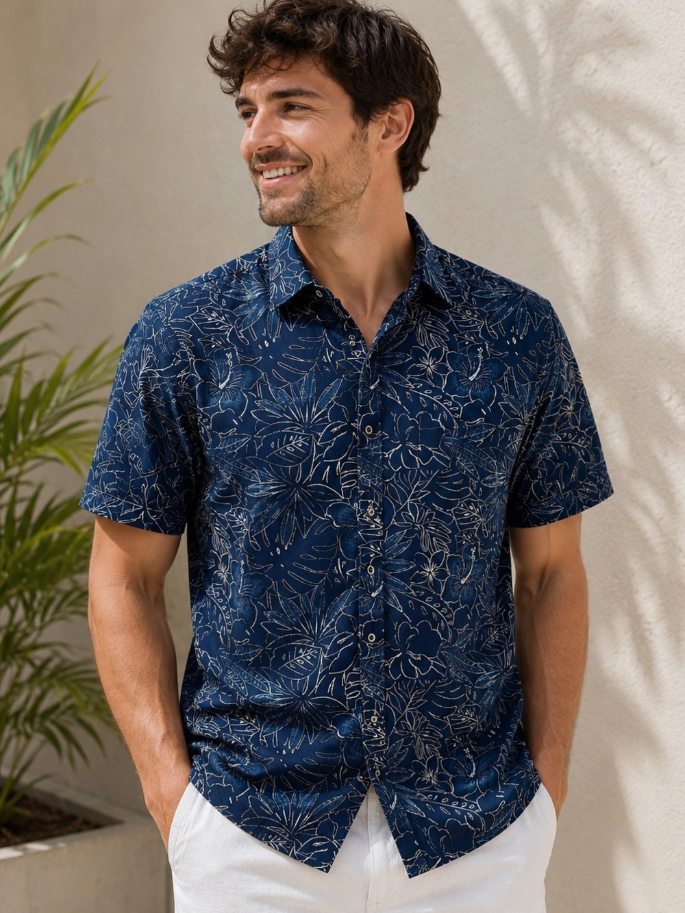 Tommy Bahama Men’s L Navy Tropical Floral Stretch Button Down Shirt